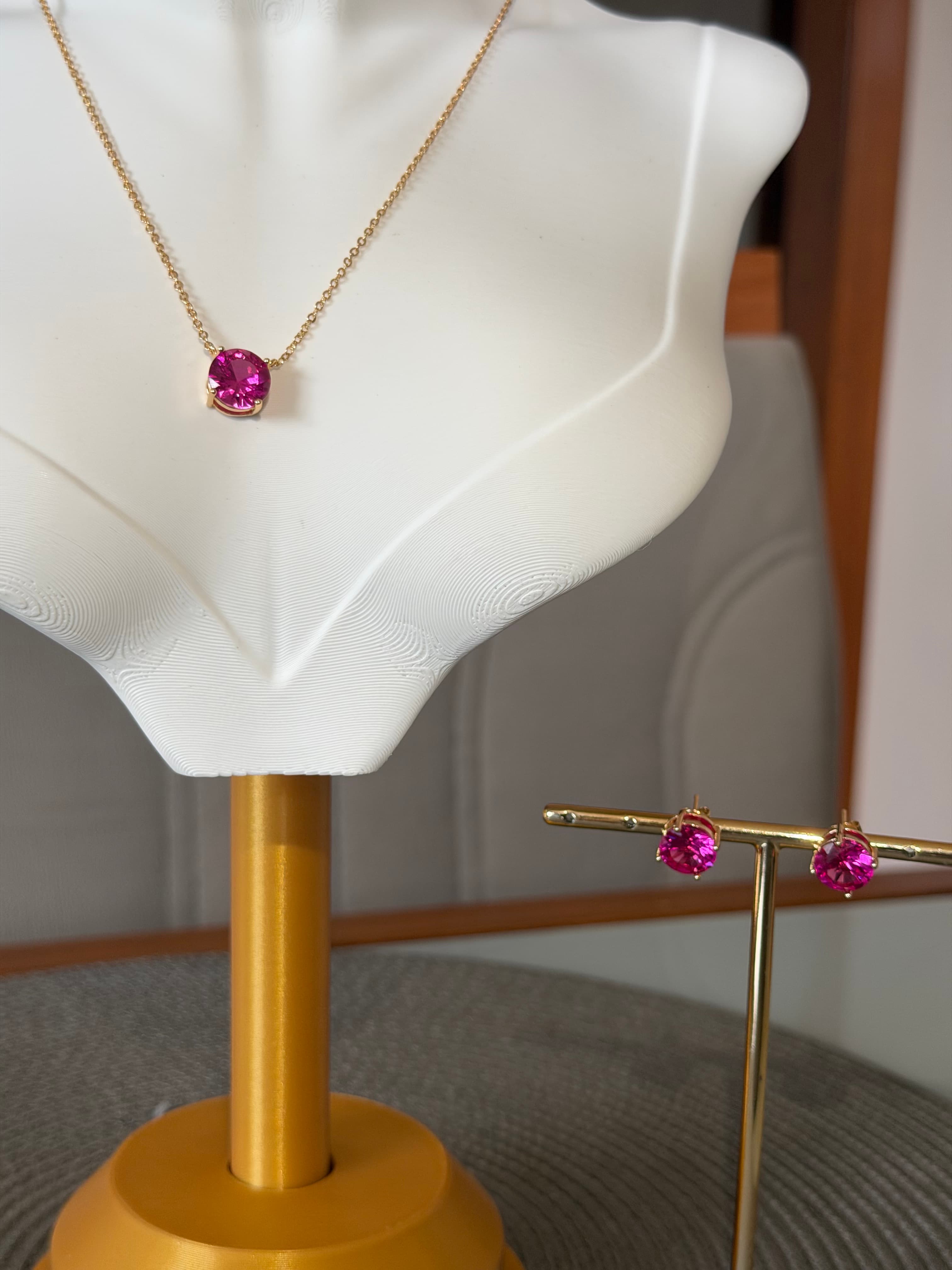 Conjunto colar e brincos zircônias rosa Pink 10mm