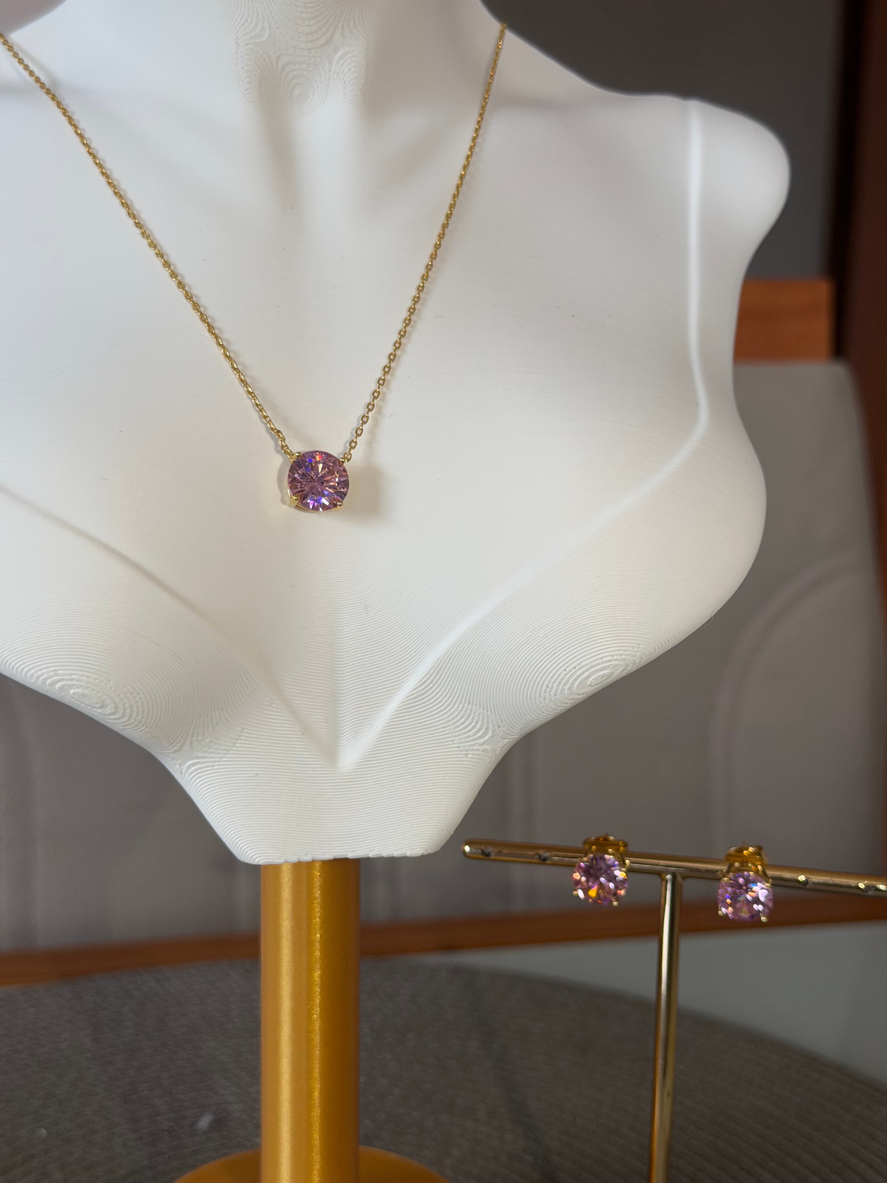 Conjunto colar e brincos zircônias rosa bebê 10mm
